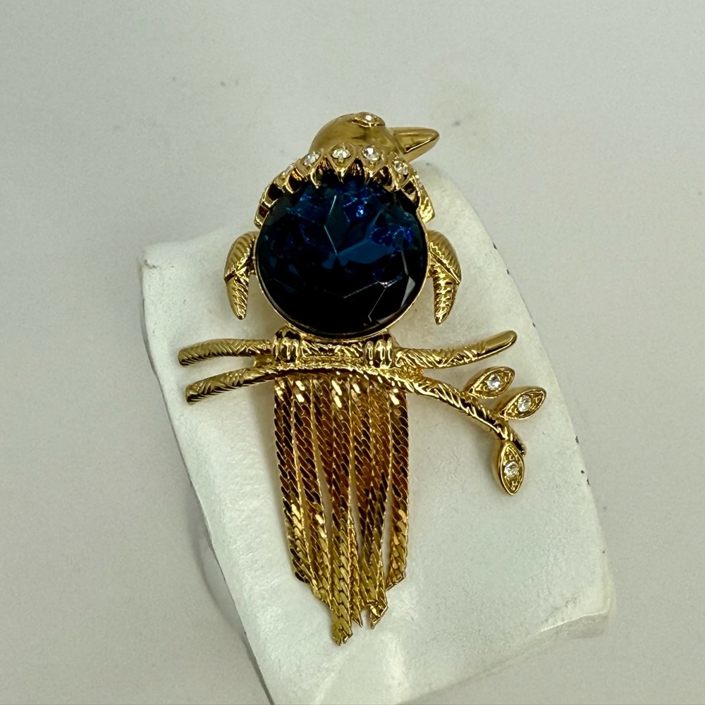 Rare Vintage Kenneth Jay Lane Bird Brooch – 1990s Signed KJL Blue Crystal Gold - Picture 5 of 17